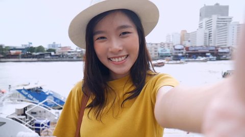 Beautiful Asian Woman Taking Selfies On Stock Footage Video (100%