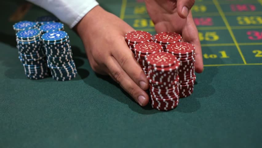 dealer poker player with chips at casino table Royalty-Free Stock Footage #1016317099