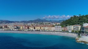 Aerial view of Nice France promenade, Mediterranean Sea and airport view . Full city panorame. Drone 4K video