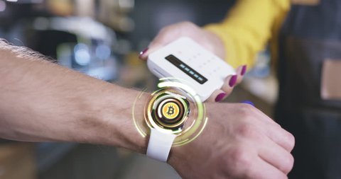 Hand With Futuristic Smart Hud Watch Hologram Display Choosing Options Payment Methods Crypto Currencies Paying Wirelessly Future Of Payment Concept