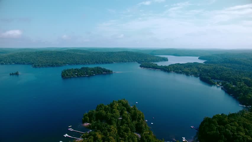 Drone flying view over Eagle Lake in Muskoka, Ontario, Canada