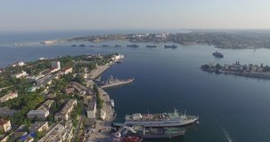 Shooting from the air of  Sevastopol bay, warships in the roads, Russian Navy Day 2015