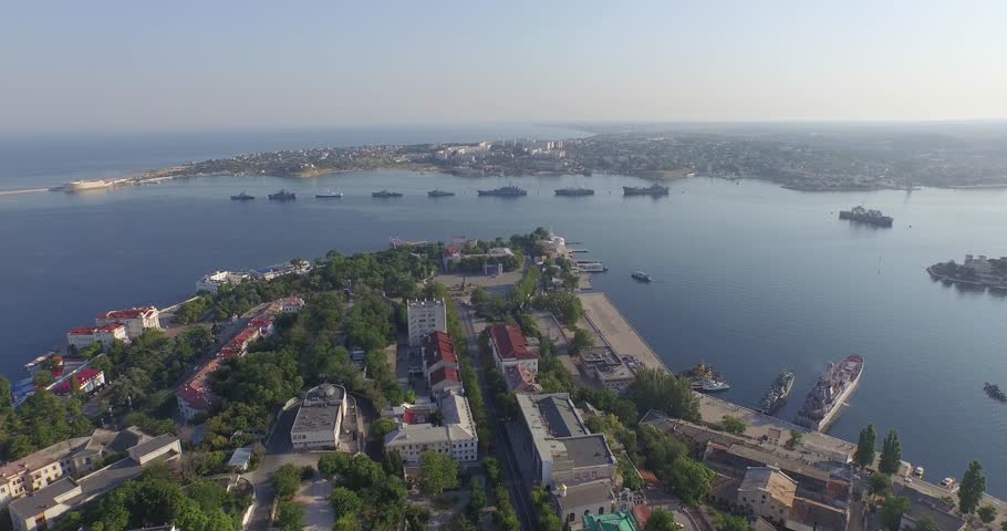 Shooting from the air of  Sevastopol bay, warships in the roads, Russian Navy Day 2015