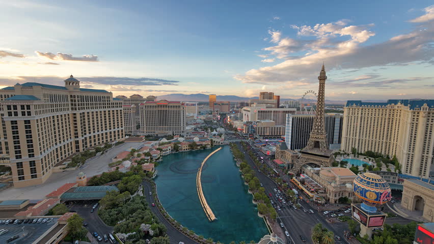 LAS VEGAS, NEVADA - July 25, 2018: Aerial view of Las Vegas strip at sunset time lapse 4K video on July 25, 2018 in Las Vegas, Nevada. Las Vegas is one of the top tourist destinations in the world.