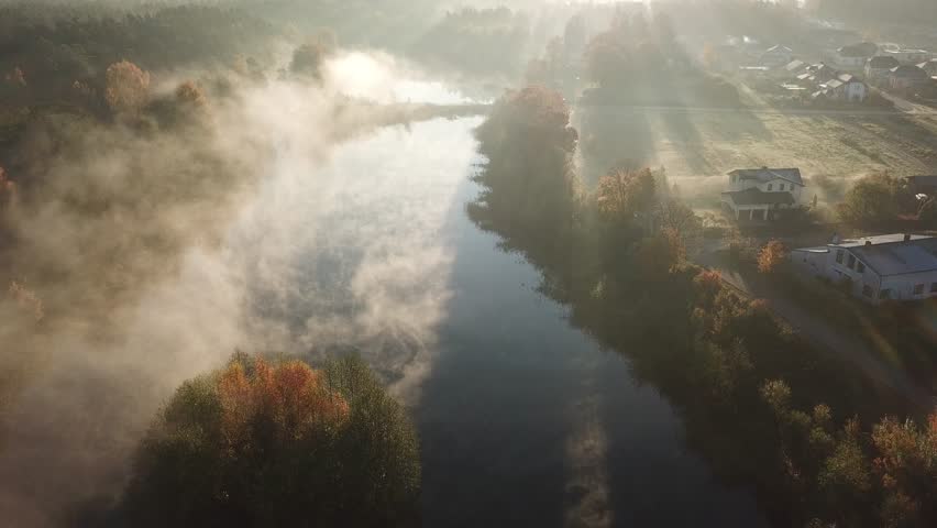Morning smoke on the water Ulbroka lake Aerial drone top view 4K UHD video Latvia  | Shutterstock HD Video #1016345767