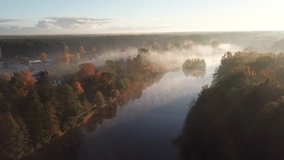 Morning smoke on the water Ulbroka lake Aerial drone top view 4K UHD video Latvia 