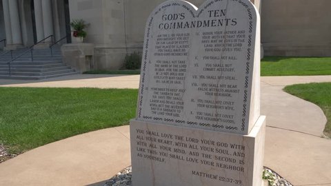 Omaha, Nebraska - Circa 2018 - Ten Commandments Tablet in front of the St Cecilia Church Dolly Move