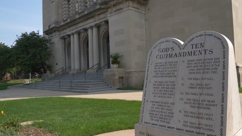 Omaha, Nebraska - Circa 2018 - Ten Commandments Tablet in front of the St Cecilia Church Dolly Move