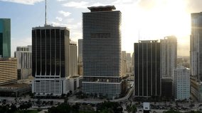 Miami Downtown Aerial Video Hyperlapse Footage - sunlight, traffic, cars, boats, water and cloud motion