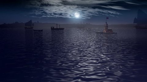Moonlight and sea, tower in Istanbul, ships in sea, moonlight, moving camera,night travel on the sea. Old times Istanbul. The maiden's tower, 3d model.
