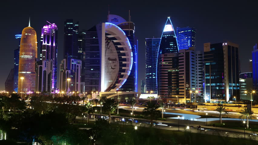 QATAR, DOHA, MARCH 20, 2018: Doha financial centre at night, Qatar. View of Corniche road in Doha, West Bay, Persian Gulf, Arabian Peninsula, Middle East | Shutterstock HD Video #1016370313
