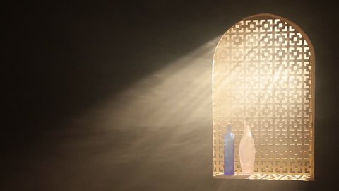 Window of old islamic muslim scientist madrasah room. Sunlight rays in dark and foggy enviroment. 