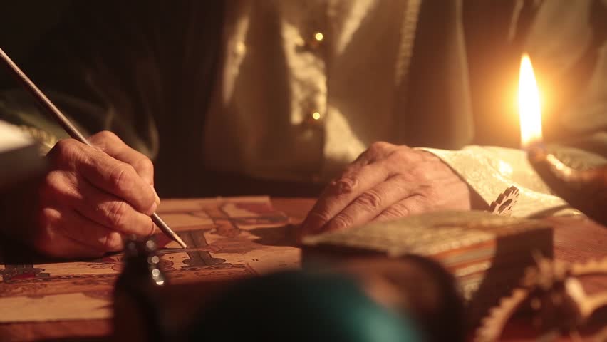 Old islamic muslim scientist working in madrasah room. Old tools, reed pen, ink pot, papirus drawings and book of quran some scenes in dark and foggy enviroment.  | Shutterstock HD Video #1016384602