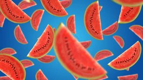 Watermelon slices falling down on blue background. 4k video.