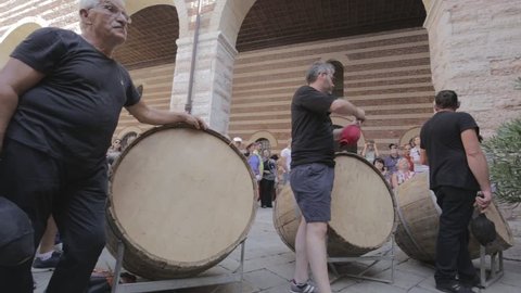 VERONA, ITALY, 16 SEPTEMBER 2018:  international festival of street games (Tocati) 2018 edition, the drum players