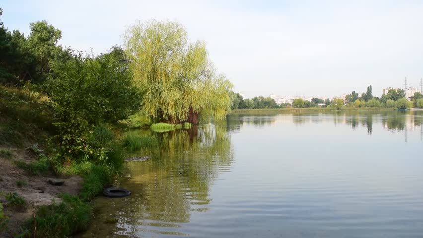 Beautiful view of the dark lake in nature. Autumn, cold
