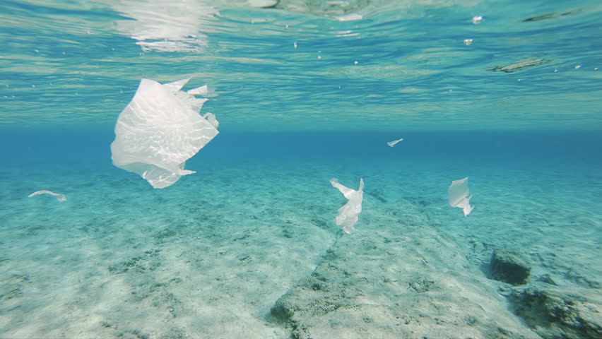Plastic Pollution Underwater. Decayed Plastic Bags And Pieces Floating Underwater Beneath The Sea Surface Royalty-Free Stock Footage #1016406343
