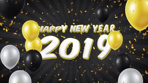 06. Happy New Year 2019 Text Appears on Confetti Popper Explosions Falling and Glitter Particles, Colorful Flying Balloons Seamless Loop Animation.