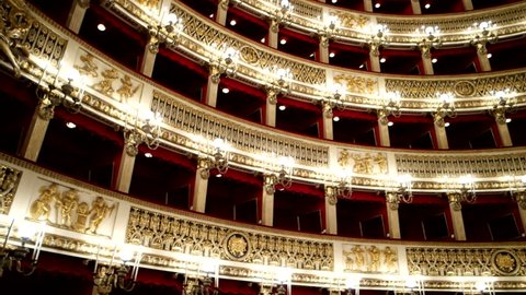 Pan clip of Teatro San Carlo in Naples, Italy, one of most known and oldest opera houses in Italy and Europe.