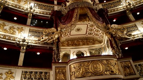 Pan clip of royal stage of Teatro San Carlo in Naples, Italy, one of most known and oldest opera houses in Italy and Europe.