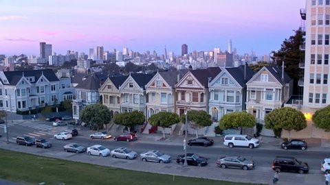San Francisco, California/US - 09/09/2018
Famous Painted Ladies with Downtown San Francisco View at Twilight / Aerial Shot on Inspire 2 Zenmuse 7 Prores HQ