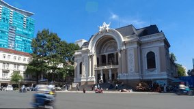 Timelapse or time lapse video footage of Greco Roman Woman Statues Old Opera House Municipal Theater, known as Saigon Opera House built in 1899 by the French Saigon Ho Chi Minh City Vietnam