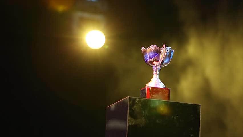 Trophy Sitting on Pedestal, Smoke and Lights, stylised