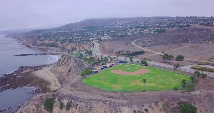 Oceanfront baseball diamond in San Pedro, California, Aerial Pull Back