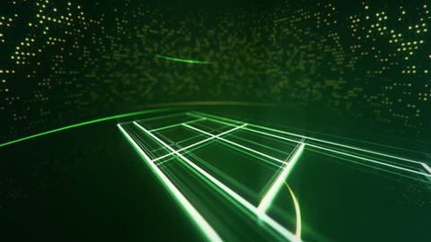 Abstract animation drawing of tennis field shape from neon line and flickering particles on background. 