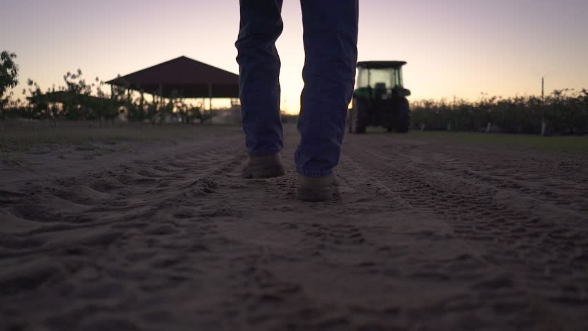 A farming walking to his tractor during sunrise.