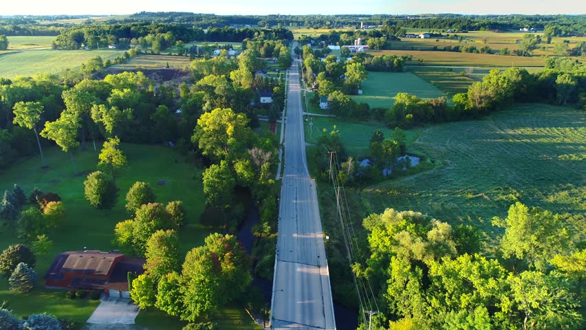 Scenic small town nestled amid fertile valley in beautiful rural Wisconsin
