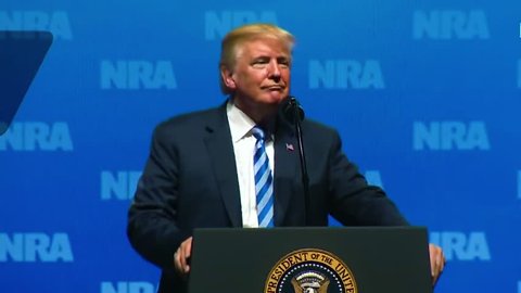 CIRCA 2018 - U.S. President Donald Trump speaks to the NRA saying that London has banned guns to now they stab each other with knives.