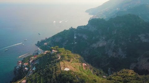 A magnificent aerial shot of the Ravello and Atrani cliff villages and the whole of the Amalfi coast.