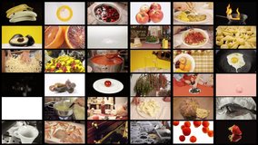 A maxi screen made of many small clips playing, the theme is food: fruit, vegetables, meat, fish, baking, cooking, preparing, eating, and coffee.
