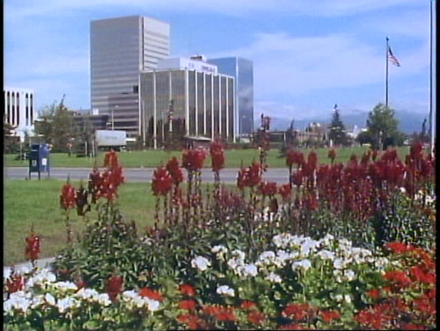 ANCHORAGE, ALASKA, 1989, establishing shot downtown, buildings, flowers
