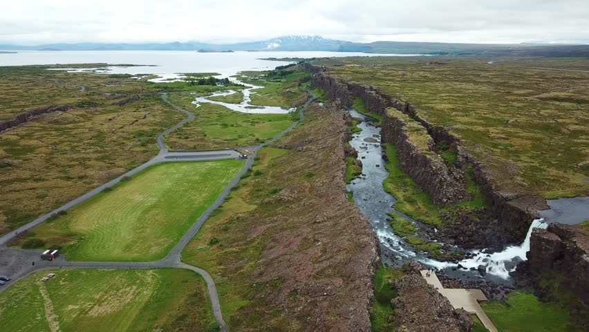 ICELAND - CIRCA 2018 - Beautiful aerial of the mid Atlantic ridge running through Thingvellir, Iceland.