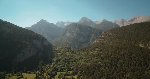 Aerial, Stunning Landscapes Around Serveto Mountain Village, Pyrenees, Spain - Graded and stabilized version. Watch also for the native material, straight out of the camera.