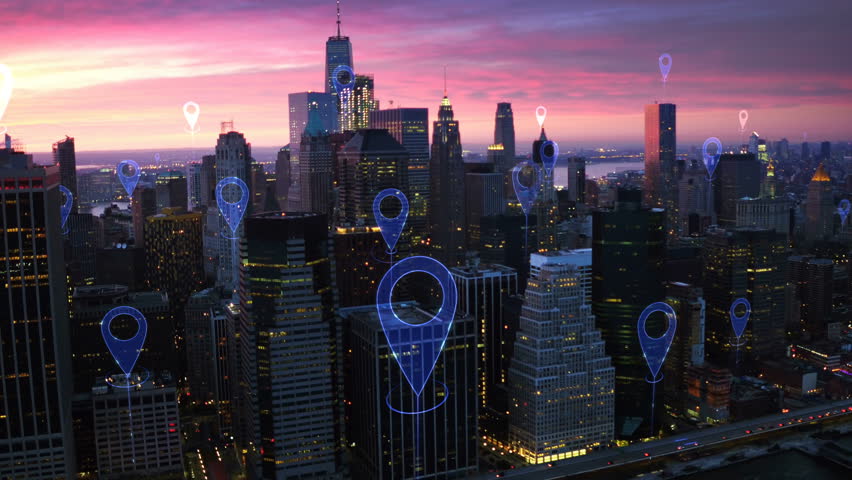Aerial smart city. Localization icons in a connected futuristic city.  Technology concept, data communication, artificial intelligence, internet of things. New York City skyline. | Shutterstock HD Video #1016477812