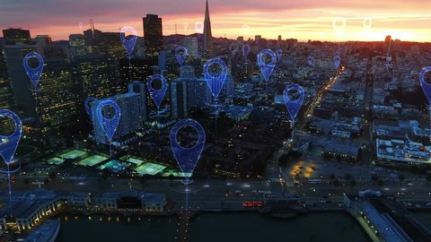 Aerial smart city. Localization icons in a connected futuristic city.   Technology concept, data communication, artificial intelligence, internet of things. San Francisco skyline.