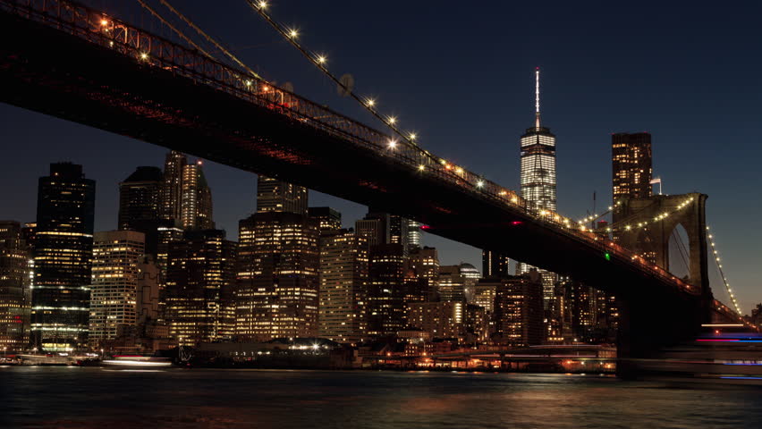 New York City Circa 2015, Timelapse Day to Night of Manhattan from Brooklyn Bridge Park