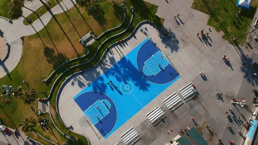 Aerial view of Venice Beach Basketball Court in Los Angeles, California, United States. Drone shot.