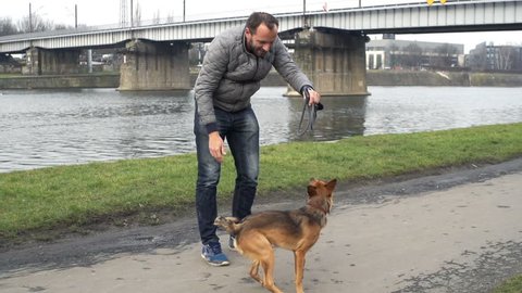 Happy man playing with his dog by the river in city
