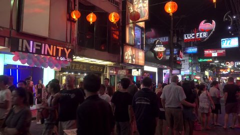 Pattaya, Thailand -March 7, 2017: Walking Street in Pattaya at night. The street is a tourist attraction primarily for night life and entertainment