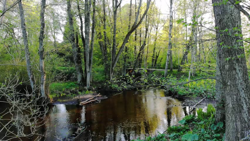 Drone filming over a creek closing up on a bridge.