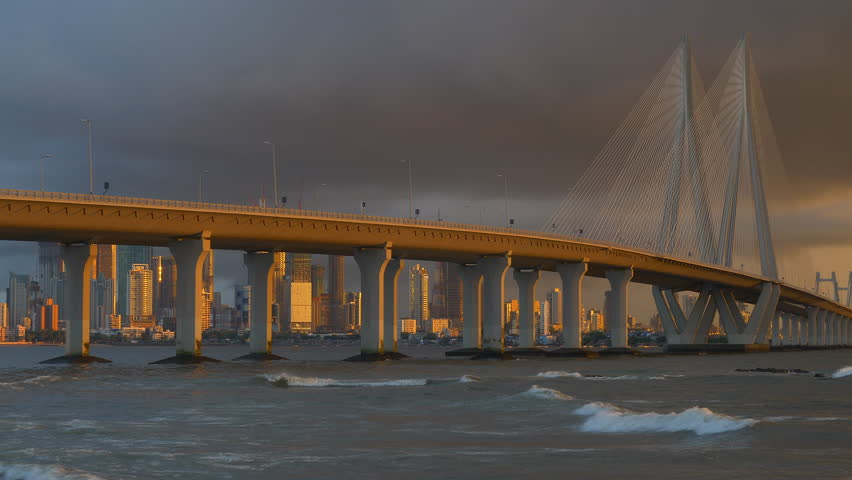 4k footage of Bandra Worli sea link also known as Rajiv Gandhi Sea link, shot in late evening in rainy season,Mumbai, India