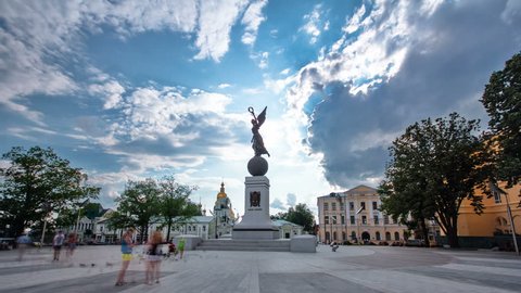 Square of Constitution timelapse hyperlapse in the city center with historic architectural ensemble and notable landmarks in Kharkov.