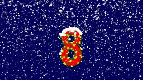 New Year text arabic numerals 8. Snow falls. Christmas mood, looped video. Alpha channel Premultiplied - Matted with deep blue RGB(04:00:5B)