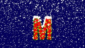 New Year text latin letter M. Snow falls. Christmas mood, looped video. Alpha channel Premultiplied - Matted with deep blue RGB(04:00:5B)