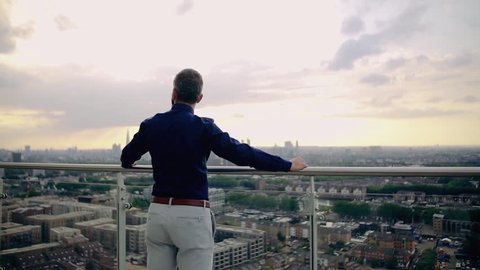 A rear view of businessman standing against London view panorama.
