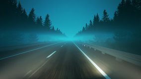 Racing through a foggy road at high speed. Endless, seamless pine trees environment. Infinite road being lit up by car headlights in foggy cinematic video. Loopable animation
